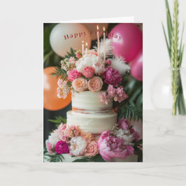 Cartão Happy Birthday Cake Pink Peonies Roses Feathers 