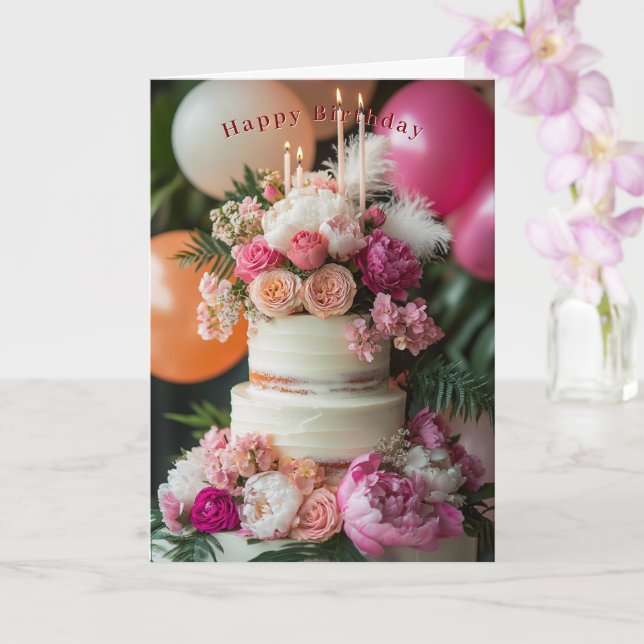 Cartão Happy Birthday Cake Pink Peonies Roses Feathers  (Orquídea)