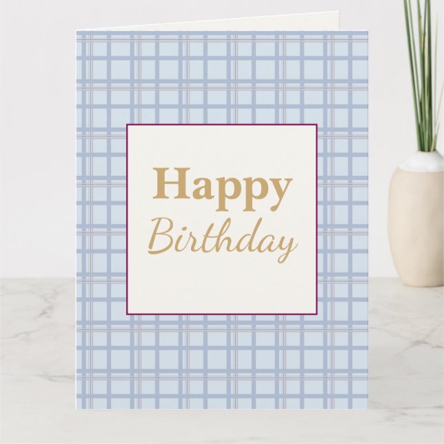 Cartão Happy Birthday Card • Blue Plaid • Plum & Gold Ele (Frente)