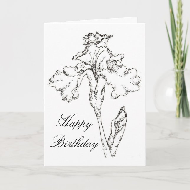 Cartão Happy Birthday Card Iris Spring Flower Drawing (Frente)