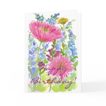Happy Birthday Card Pink Dahlia Bouquet Watercolor