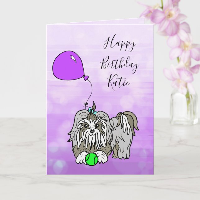 Cartão Happy Birthday Card with Lhasa Apso Shih Tzu (Orquídea)