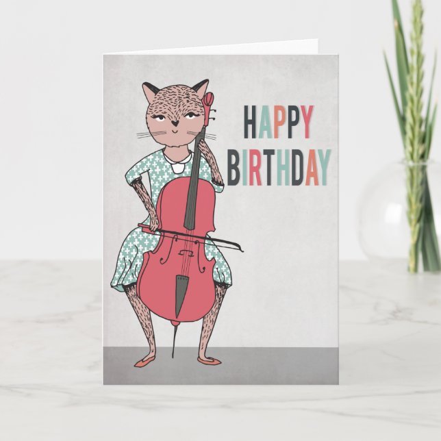 Cartão Happy Birthday - Cello Playing Cat Card (Frente)