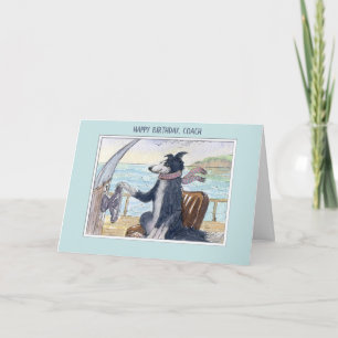 Cartão Happy Birthday Coach, Border Collie dog on a boat