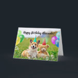 Cartão Happy Birthday Corgi Dog Folded Greeting Card<br><div class="desc">Fun Happy Birthday card of an illustrative photo artwork of a funny,  cute corgi dog and teddy bear with party hats and balloons. Great card for son or daughter as you can change name on front. You can customize the text and message inside with your personal text.</div>