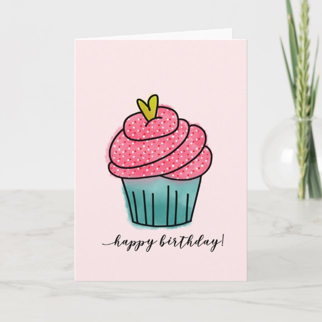 Cartão Happy Birthday | Cupcake on Light Pink (Frente)