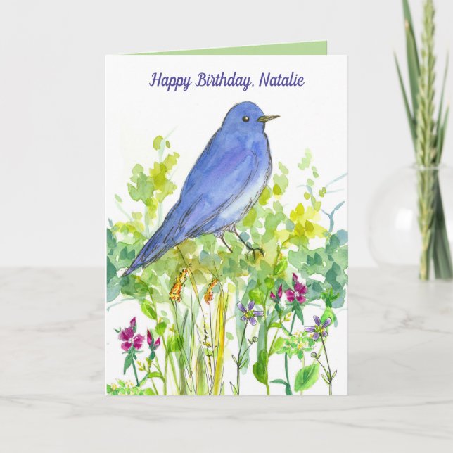 Cartão Happy Birthday Custom Name Bluebird Wildflowers (Frente)