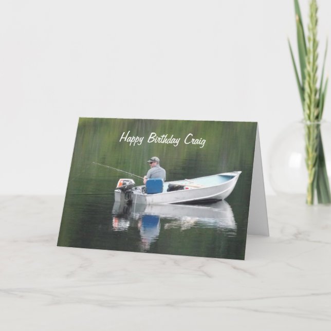 Cartão Happy Birthday Custom Name Fishing on Lake in Boat (Frente)