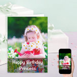 Cartão Happy Birthday Custom Photo Girl Birthday<br><div class="desc">Personalized photo birthday card for your daughter, niece, sister or other female friend or relation. All of the wording, inside and out, can be customized and the photo template is set up for you to add your own picture to the front. This design has a dark overlay with white typography...</div>