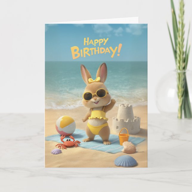 Cartão Happy Birthday Cute Bunny Beach Summer Birthday (Frente)