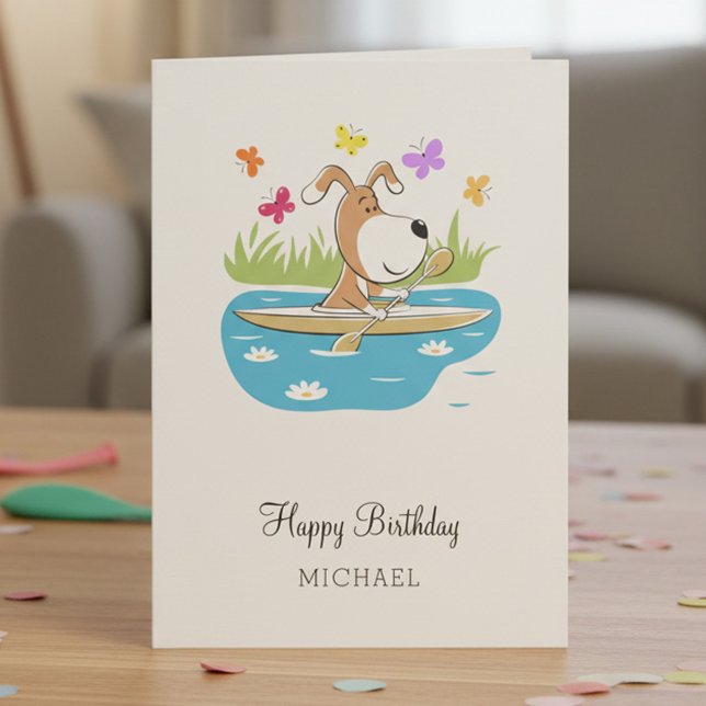 Cartão Happy Birthday Cute Dog Puppy Kayak Kayaking (Criador carregado)