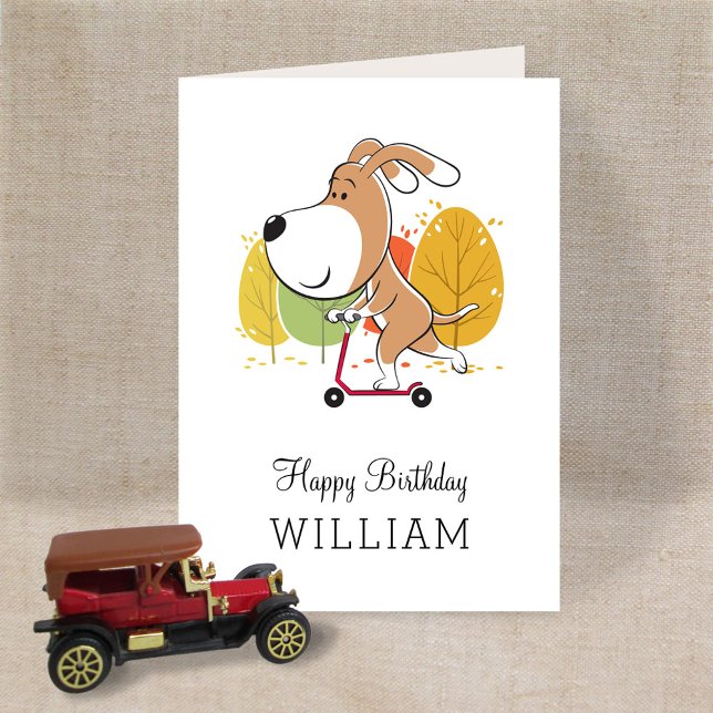 Cartão Happy Birthday Cute Dog Puppy Kick Scooter Card (Criador carregado)