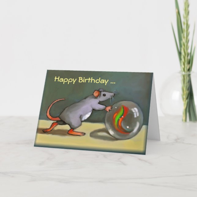 Cartão Happy Birthday, Cute Mouse with Marble, Art, PUN (Frente)