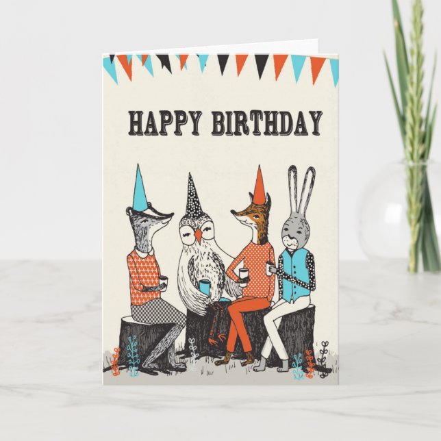 Cartão Happy Birthday - Cute Woodland Animals Greetings (Frente)