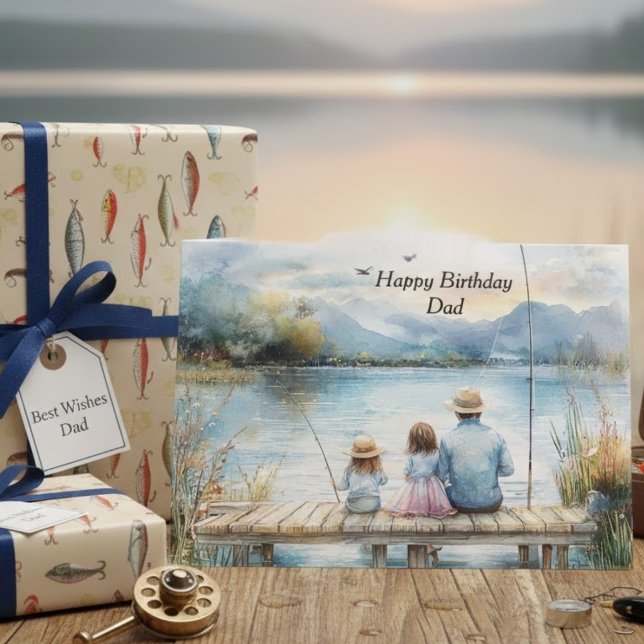Cartão Happy Birthday Dad Fishing with Kids Watercolor (Criador carregado)