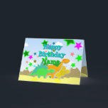 Cartão Happy Birthday Dinosaurs Your Name Card<br><div class="desc">Happy Birthday Dinosaurs Card with Your Name. Cute little cartoon dinos: green Stegosaurus, orange Diplodocus and yellow Triceratops dinosaurs in a happy pre-historic landscape with palm trees, mountains and vulcanos with color stars with the text "Happy Birthday" and custom "Name". Inside the card all the party dinosaurs and adorable dinosaur...</div>