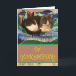 Cartão Happy Birthday Domestic Grey and White Kitty Cat<br><div class="desc">Custom Happy Birthday card featuring a grey and white cat. You can easily change the text spelling; font color,  style and size with the Zazzle Edit Design button.</div>