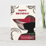 Cartão  Happy Birthday Elegant Modern Lady Personalize<br><div class="desc">Happy Birthday Elegant Modern Lady Personalize Card has a beautiful lady in silhouette with madras or plaid pattern attire. Personalized it and replace names and message. She is dressed very elegant and chic in her hat and dress in Madras pattern. She is ready for the day! Make a very interesting...</div>
