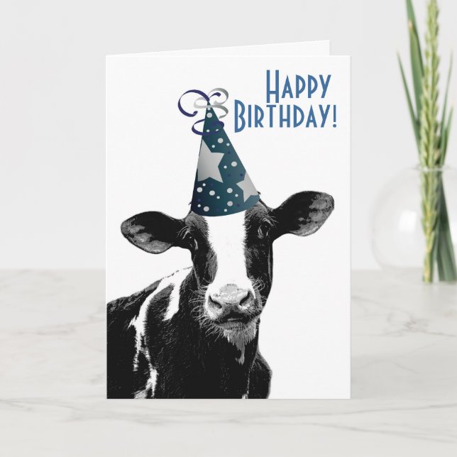 Cartão Happy Birthday Farmer - Party Hat Cow (Frente)