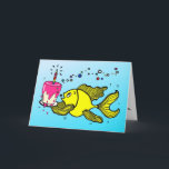 Cartão Happy Birthday Fish - funny cartoon Greeting Card<br><div class="desc">Happy Birthday Fish is an adorable funny and cute Birthday Greeting Card. Sparky yellow fish is bringing a big yummy Birthday cake, with a pink glazing, a colourful candle and bubbles, on a bright blue background. It's a perfect greeting card for a perfect Birthday :) Wishing you a Wonderful Birthday,...</div>