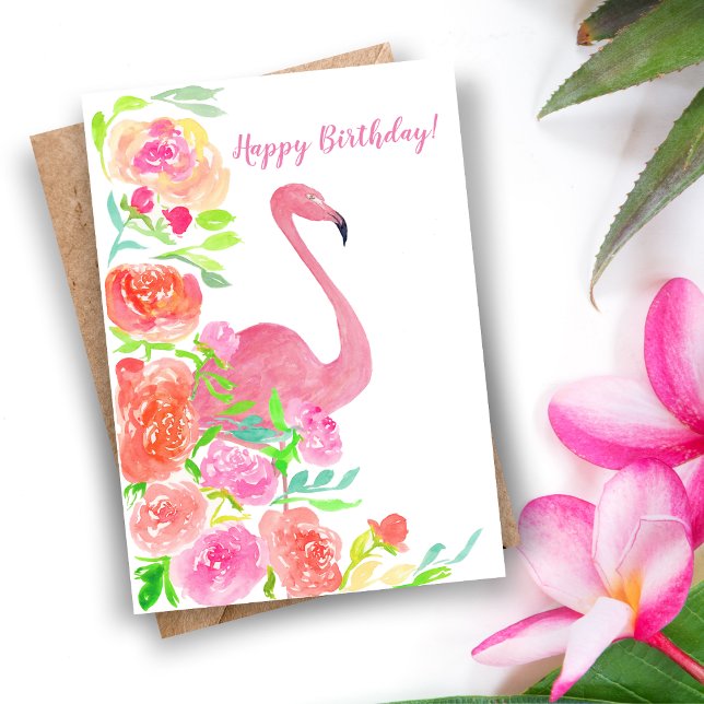 Cartão Happy Birthday Flowers And Flamingo (Tropical Elegance: A Stunning Watercolor Birthday Card for Artistic Souls.)