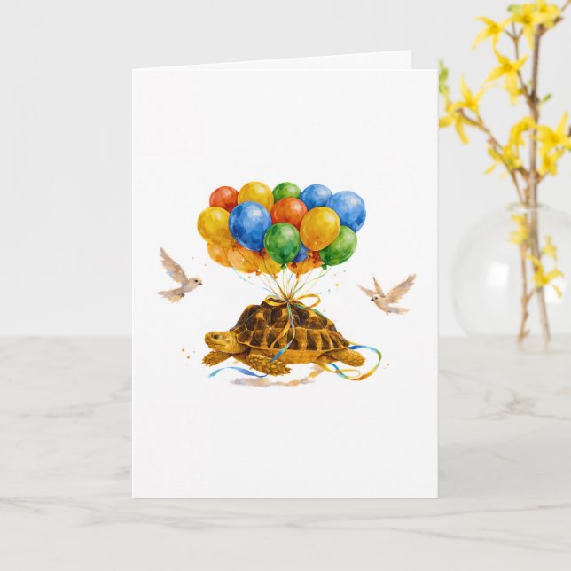 Cartão Happy Birthday flying Sulcata turtle with balloons (Flor Amarela)