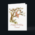 Cartão Happy Birthday Friend<br><div class="desc">This birthday card is perfect for a special friend that you have shared so much with. This is a re-colored Kate Greenaway, vintage image of two little girls in Victorian dresses and bonnets sitting on the limb of an apple tree. The text on the front and on the inside can...</div>
