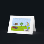 Cartão Happy Birthday Gardening Cards, funny gardener<br><div class="desc">One of my cartoon creations,  where a gardener is shown mowing a lawn using a remote control. A good candidate as a humorous birthday card for someone who loves gardening.</div>