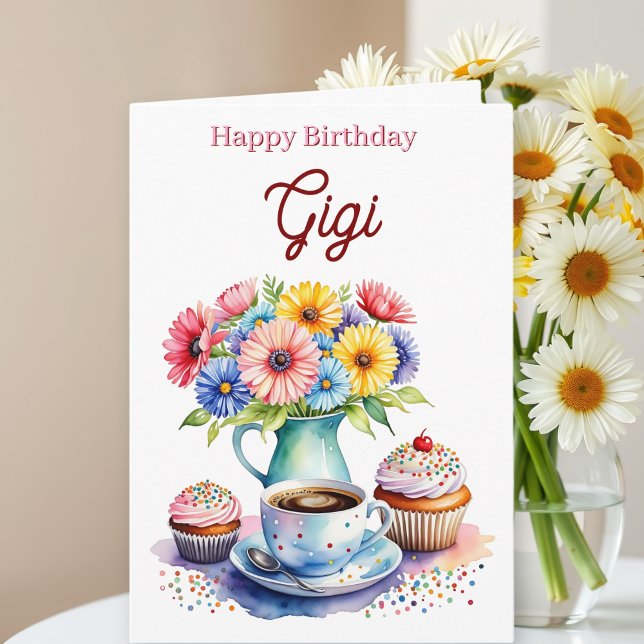 Cartão Happy Birthday Gigi | Flowers and Cupcakes (Criador carregado)