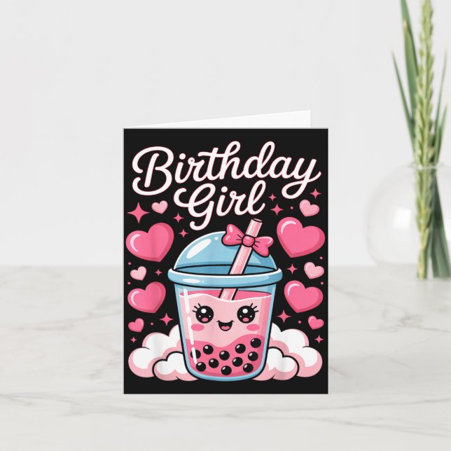Cartão Happy Birthday Girl Cute Nk Bow Bubble Boba Tea An (Frente)