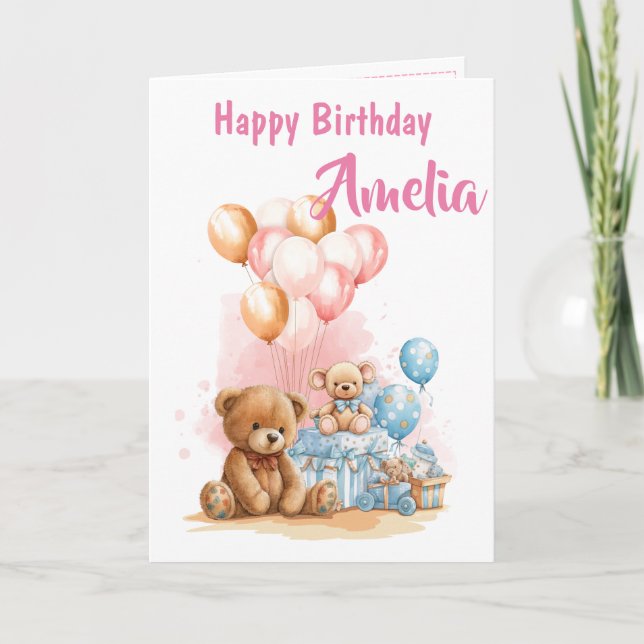 Cartão Happy Birthday Girl Watercolor Toys Card (Frente)