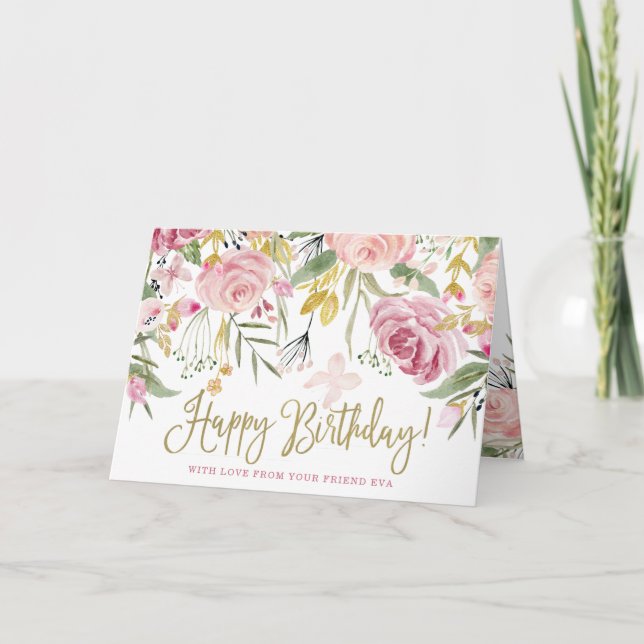 Cartão Happy Birthday | Gold and Blush Pink Flowers (Frente)