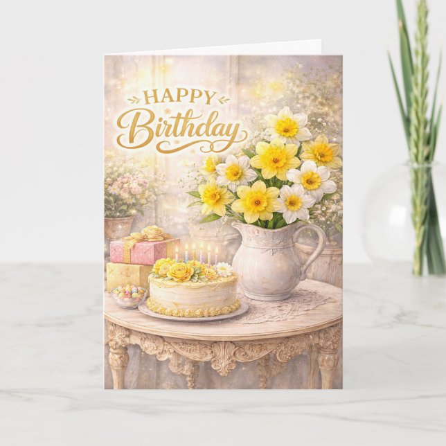 Cartão Happy Birthday Golden Daffodils (Frente)