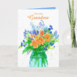 Cartão Happy Birthday Grandma Flower Bouquet<br><div class="desc">A birthday card for a lovely grandma decorated with a bouquet of orange and periwinkle blue flowers in a turquoise blue jar painted with watercolor accented with watercolor spatter and warm periwinkle blue inside.  You can edit the text and inside color to fit your needs.</div>