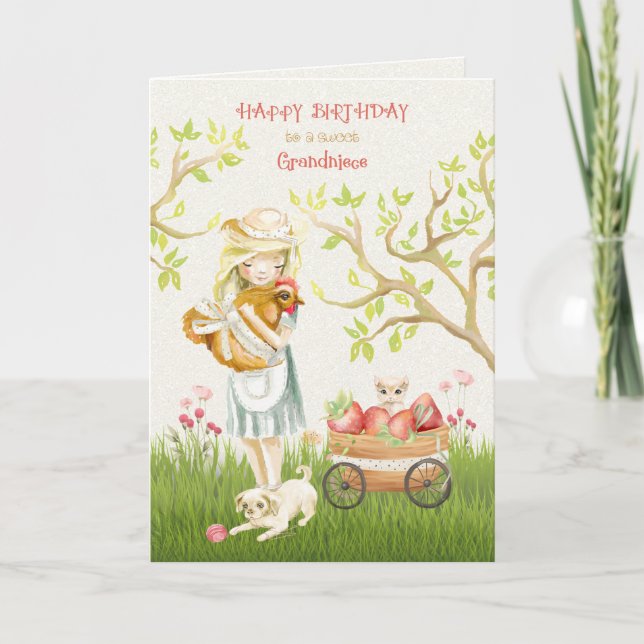 Cartão Happy Birthday Grandniece Country Girl and Animals (Frente)