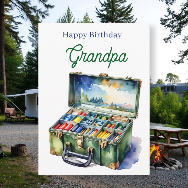 Cartão Happy Birthday Grandpa | Fishing Tackle Box (Criador carregado)