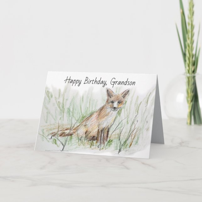 Cartão Happy Birthday Grandson Desert Gray Fox (Frente)