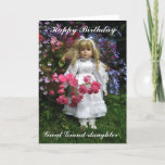 Cartão Happy Birthday Great grand-daughter<br><div class="desc">Happy birthday great grand-daughter text on a beautiful garden scene with a pretty doll who is holding roses</div>