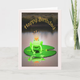 Cartão Happy Birthday, green frog wearing crown, humor