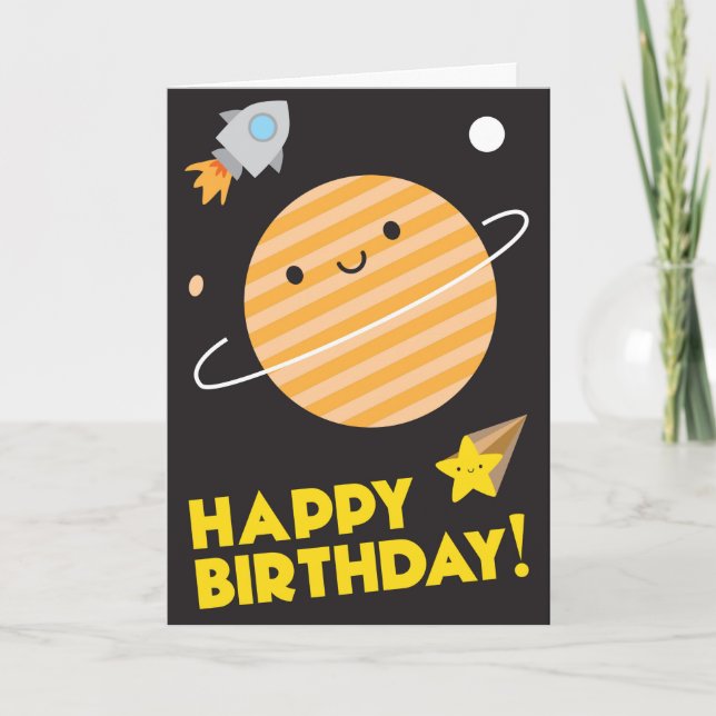 Cartão Happy Birthday In Space - Kawaii Planet (Frente)