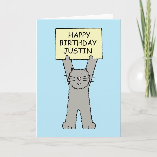 Cartão Happy Birthday Justin Cartoon Cat (Frente)