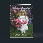 Cartão Happy Birthday little sister<br><div class="desc">happy birthday little sister text with lovely doll in white dress in garden setting</div>