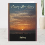 Cartão Happy Birthday Men Sunset Tropical Personalize<br><div class="desc">This is a beautiful sunset for Happy Birthday Men Personalize Greeting Card for that special man in your life. It has an oil paint effect.
Personalize it for anyone. Denise Bennerson,  photographer</div>