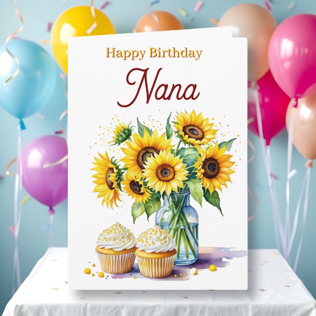 Cartão Happy Birthday Nana | Sunflowers and Cupcakes (Criador carregado)