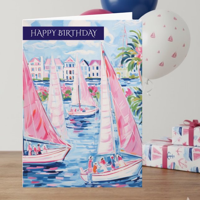 Cartão Happy Birthday Nautical Sailboat Card | Coastal (Criador carregado)