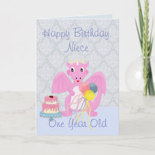 Cartão Happy Birthday Niece, Cute Pink Dragon Cartoon