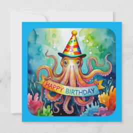 Cartão Happy Birthday Octopus Party Hat Watercolor Design