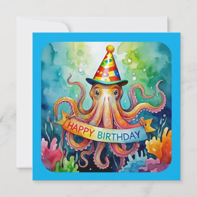 Cartão Happy Birthday Octopus Party Hat Watercolor Design (Frente)