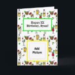 Cartão Happy Birthday Personalized Cocktails and Beers<br><div class="desc">Cute little hand drawn beers,  cocktails,  rum and cokes,  pina coladas,  bloody marys adorn this cute personalized birthday card. Just add name and age in the personalize area.</div>