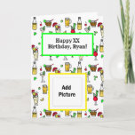 Cartão Happy Birthday Personalized Cocktails and Beers<br><div class="desc">Cute little hand drawn beers,  cocktails,  rum and cokes,  pina coladas,  bloody marys adorn this cute personalized birthday card. Just add name and age in the personalize area.</div>